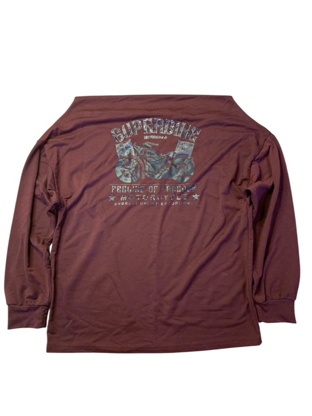 SHEIN Superbike Motorcycle Graphic Long Sleeve Tee | Maroon | Small